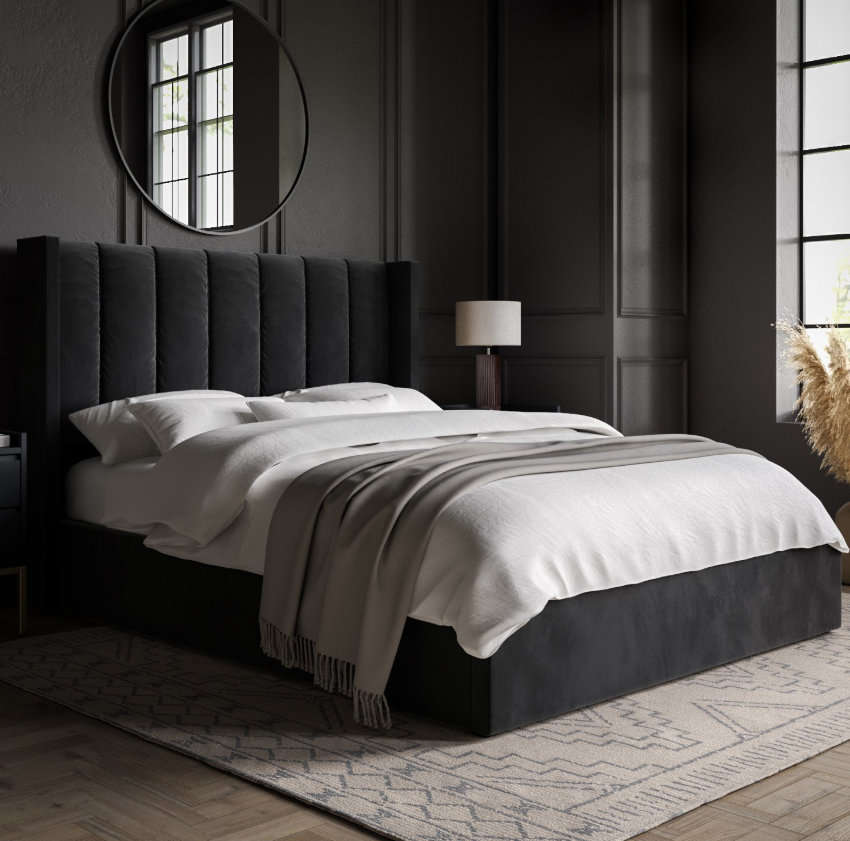 Black Velvet Ottoman Bed With Winged Headboard - Maddox