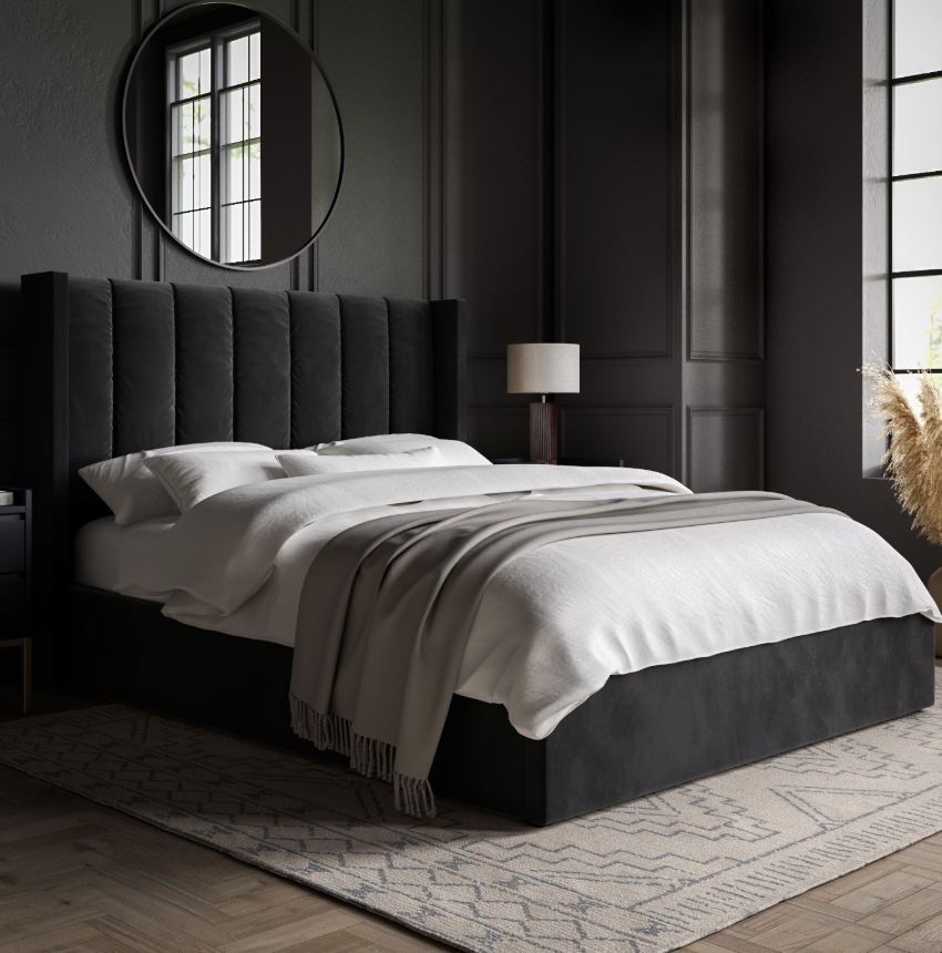 Black Velvet Ottoman Bed With Winged Headboard - Maddox