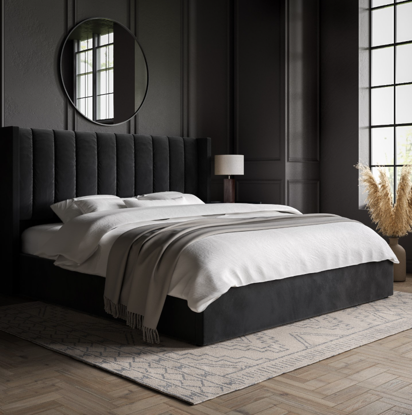 Black Velvet Ottoman Bed With Winged Headboard - Maddox