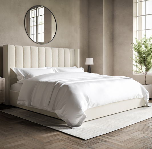 Cream Velvet Ottoman Bed With Winged Headboard - Maddox