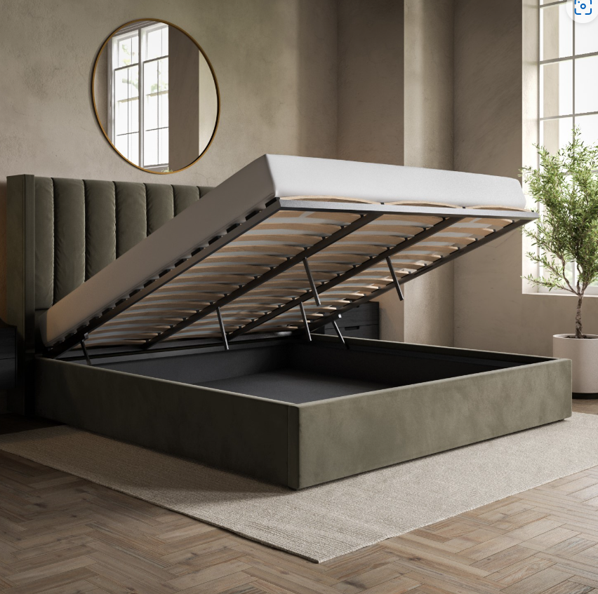 Khaki Velvet Ottoman Bed with Winged Headboard - Maddox