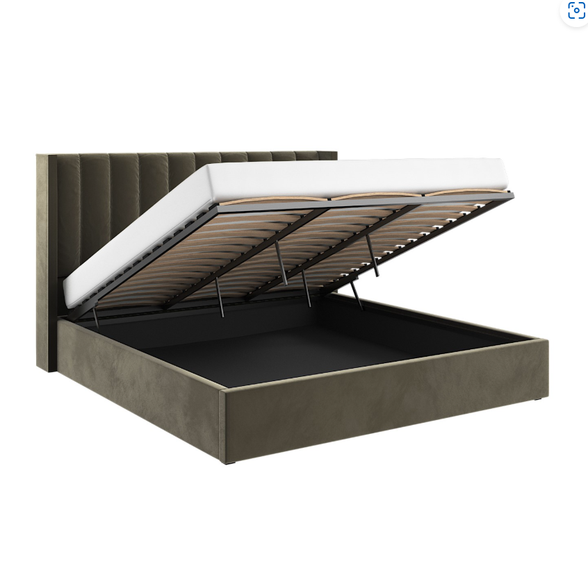 Khaki Velvet Ottoman Bed with Winged Headboard - Maddox