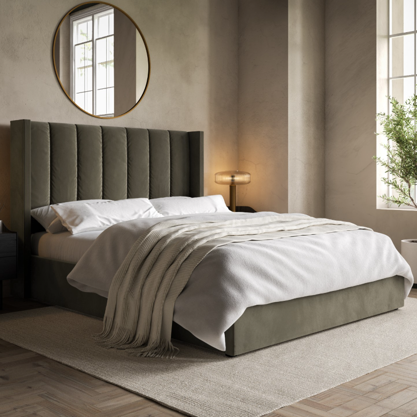 Khaki Velvet Ottoman Bed with Winged Headboard - Maddox