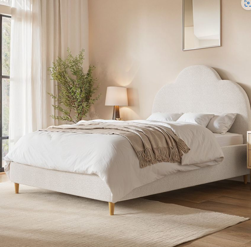 Off-White Boucle Ottoman Bed with Legs and Scalloped Headboard - Roma