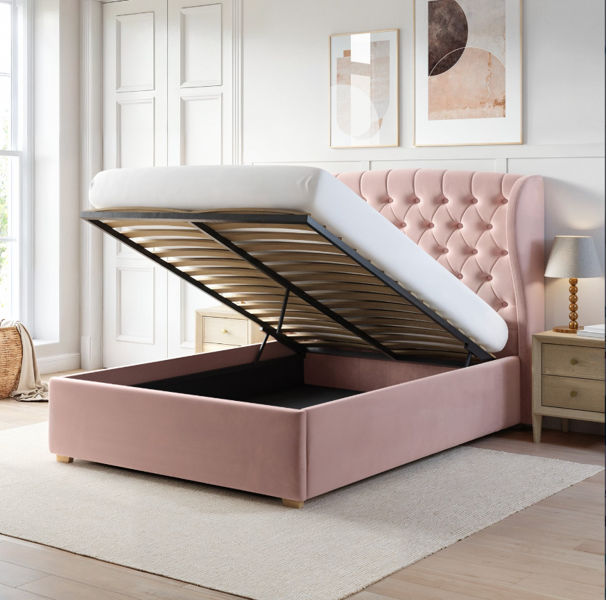 Pink Velvet Ottoman Bed with Winged Headboard Safina