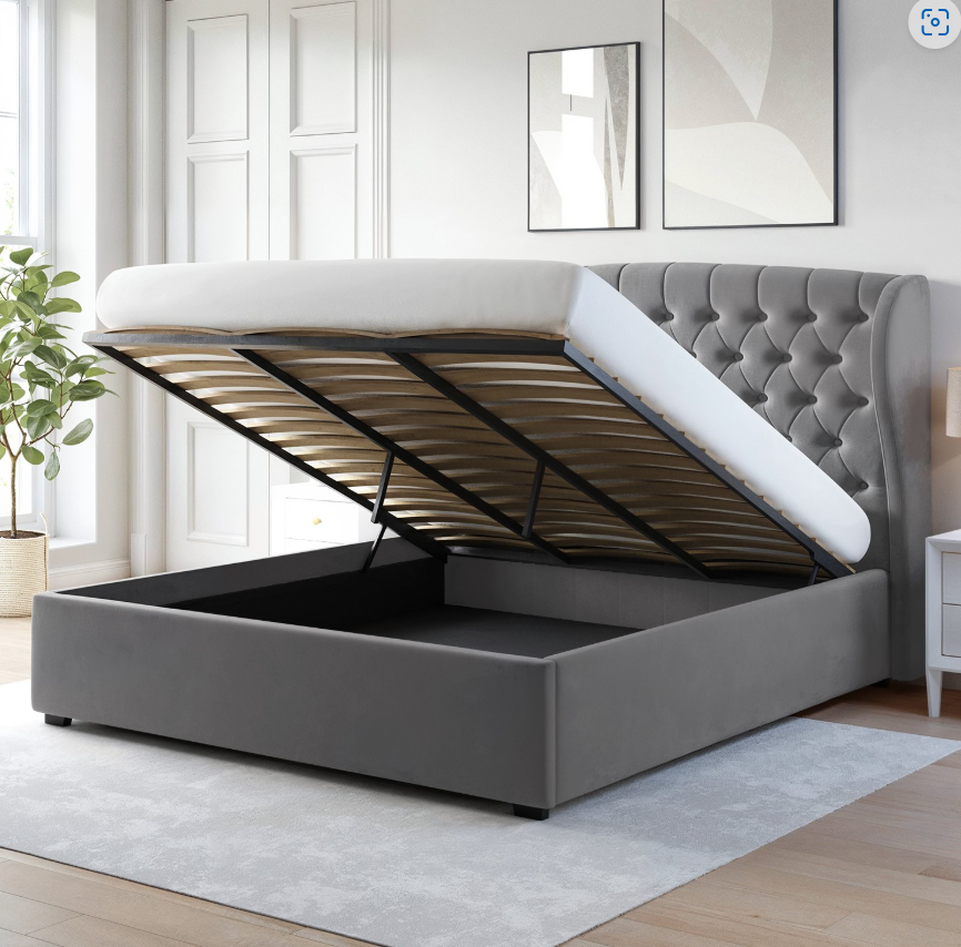 Grey Velvet Ottoman Bed with Winged Headboard - Safina