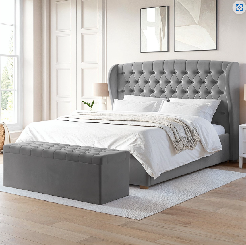 Grey Velvet Ottoman Bed with Winged Headboard - Safina