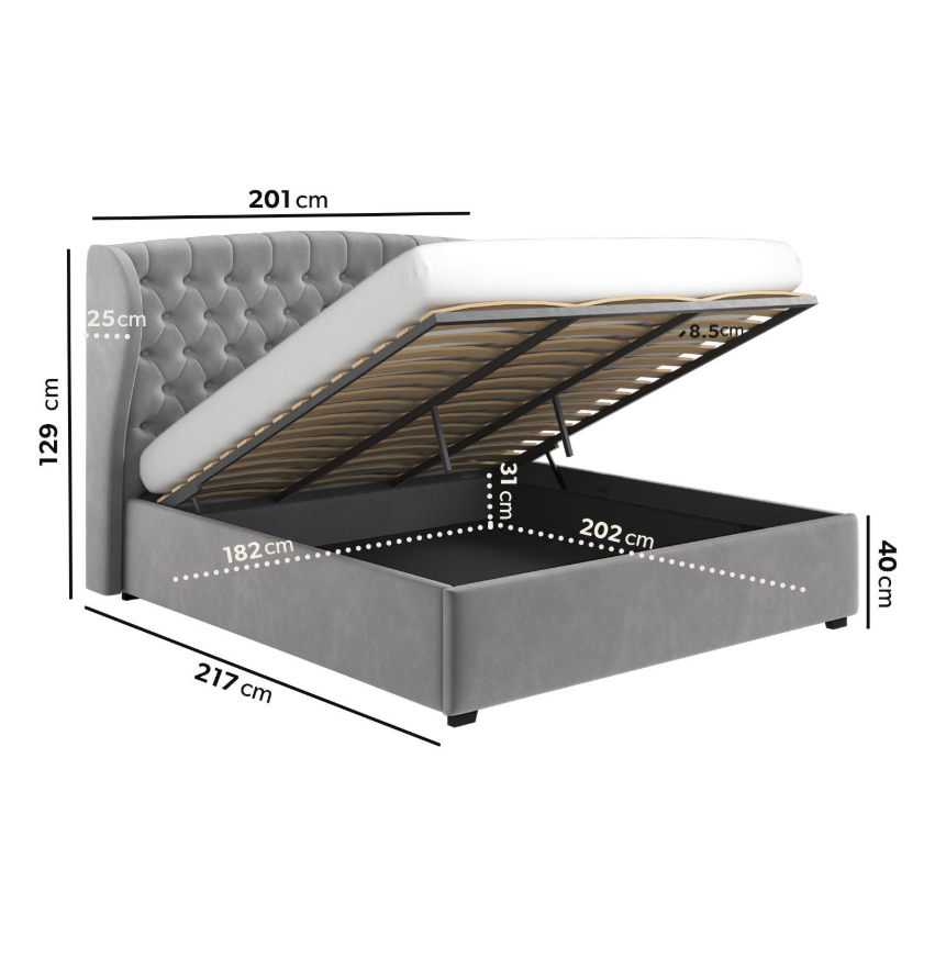 Grey Velvet Ottoman Bed with Winged Headboard - Safina