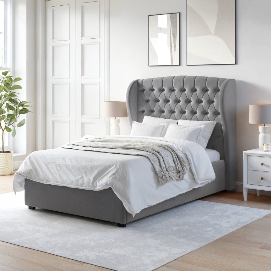 Grey Velvet Ottoman Bed with Winged Headboard - Safina