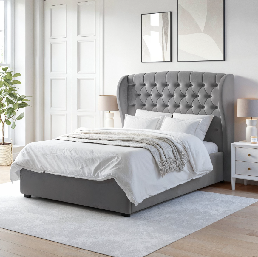 Grey Velvet Ottoman Bed with Winged Headboard - Safina