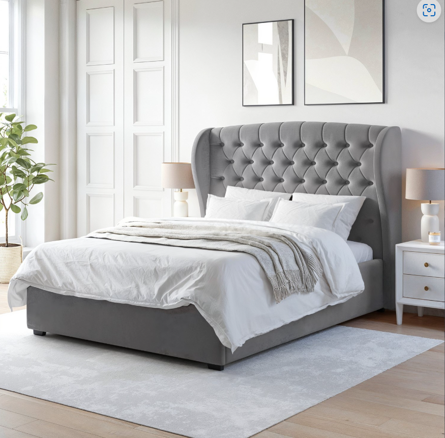 Grey Velvet Ottoman Bed with Winged Headboard - Safina