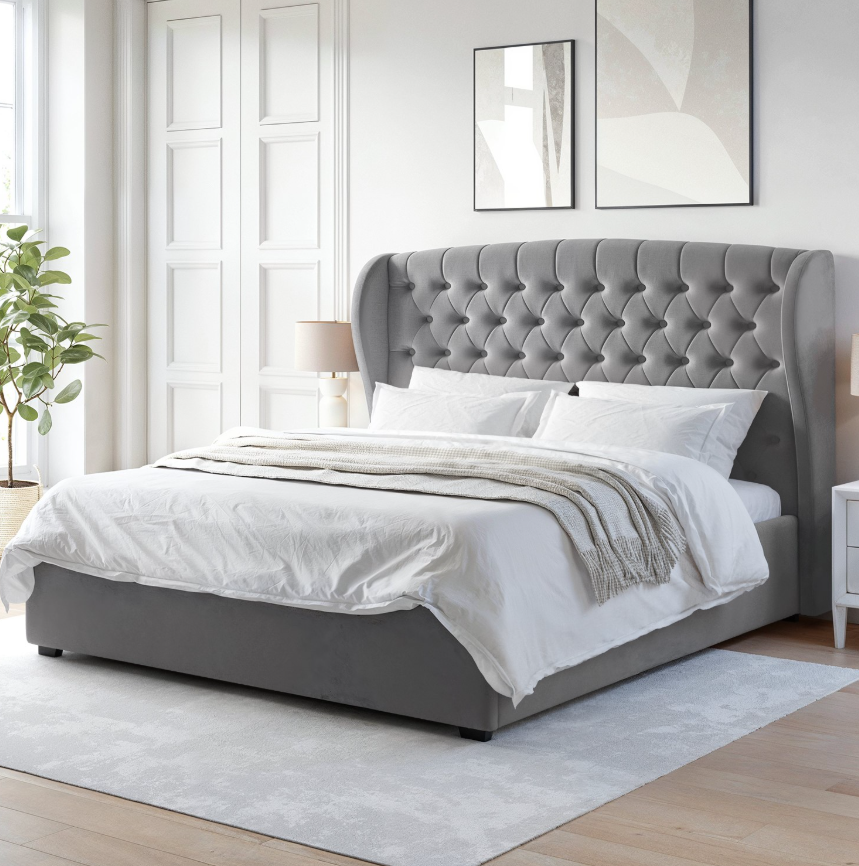 Grey Velvet Ottoman Bed with Winged Headboard - Safina