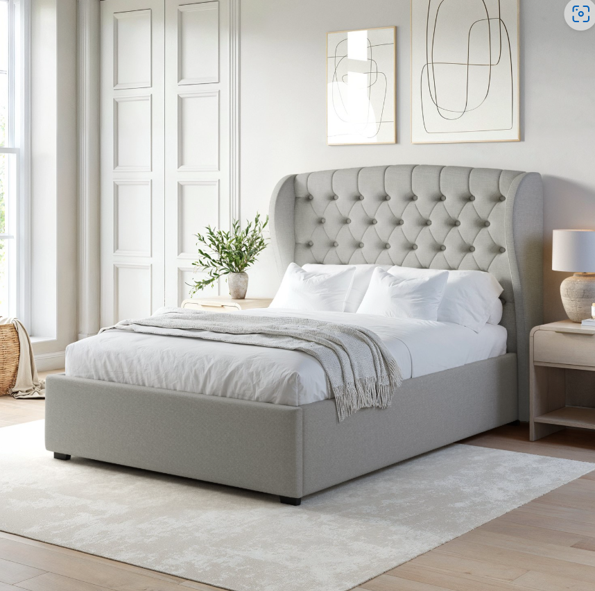 Grey Upholstered Ottoman Bed with Winged Headboard - Safina