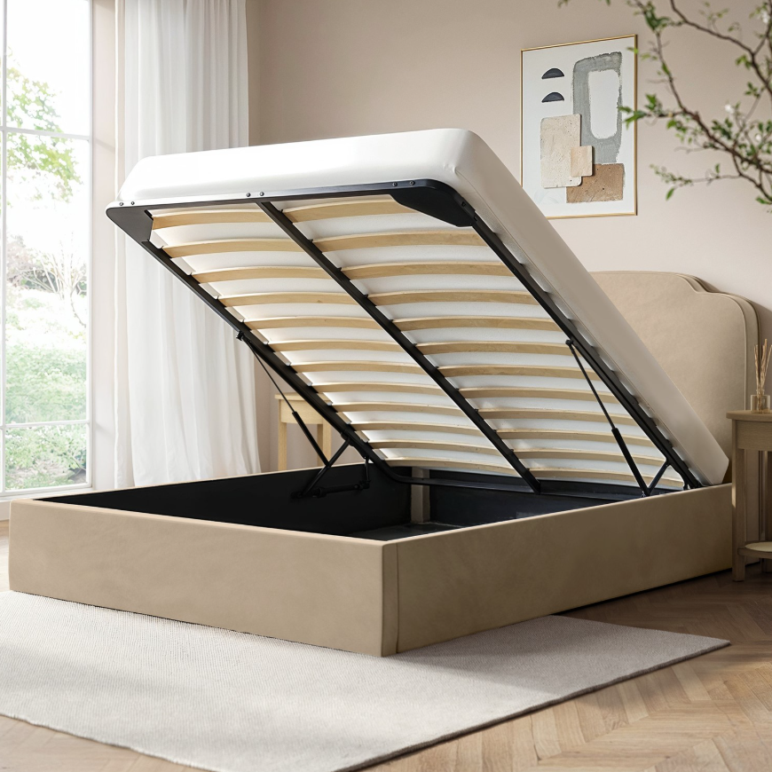 Beige Velvet Ottoman Bed with Scalloped Headboard - Siena