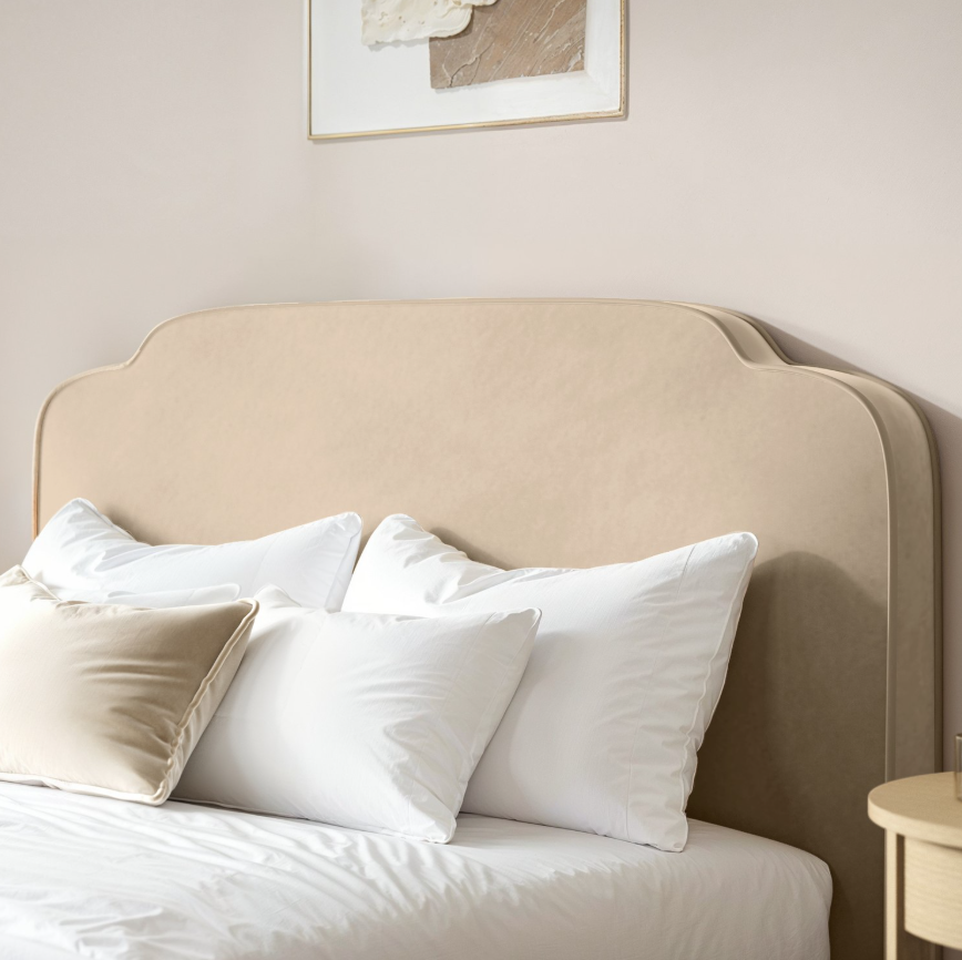 Beige Velvet Ottoman Bed with Scalloped Headboard - Siena