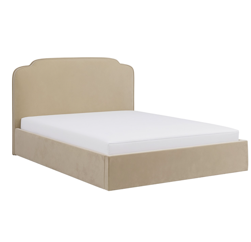 Beige Velvet Ottoman Bed with Scalloped Headboard - Siena