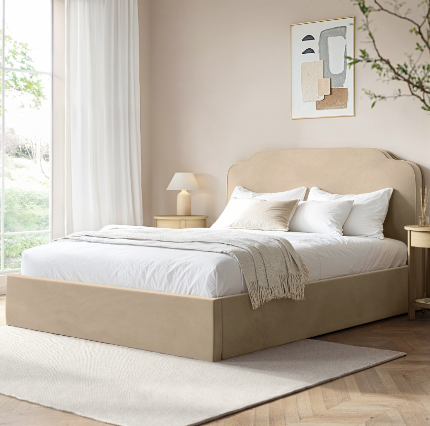 Beige Velvet Ottoman Bed with Scalloped Headboard - Siena