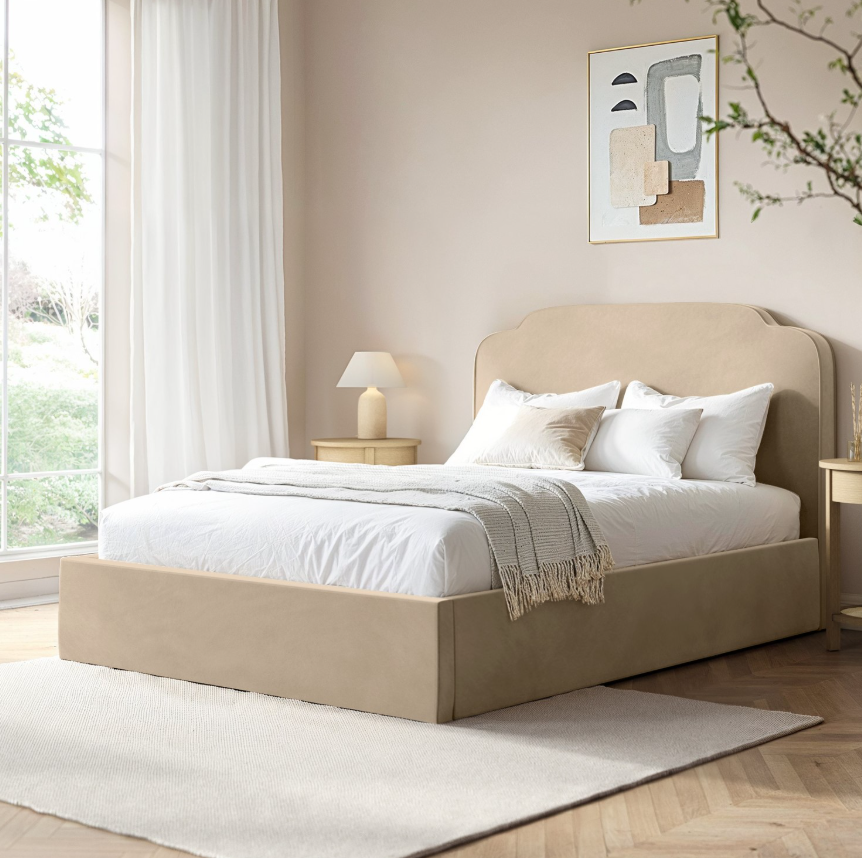 Beige Velvet Ottoman Bed with Scalloped Headboard - Siena