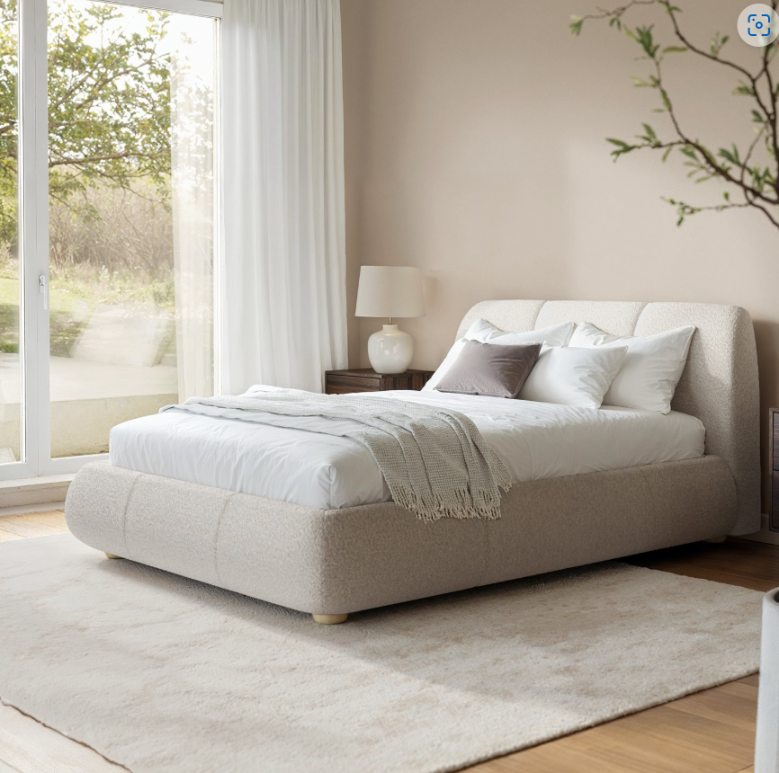 Beige Boucle Side-Lift Ottoman Bed with Cushioned Headboard - Ciara